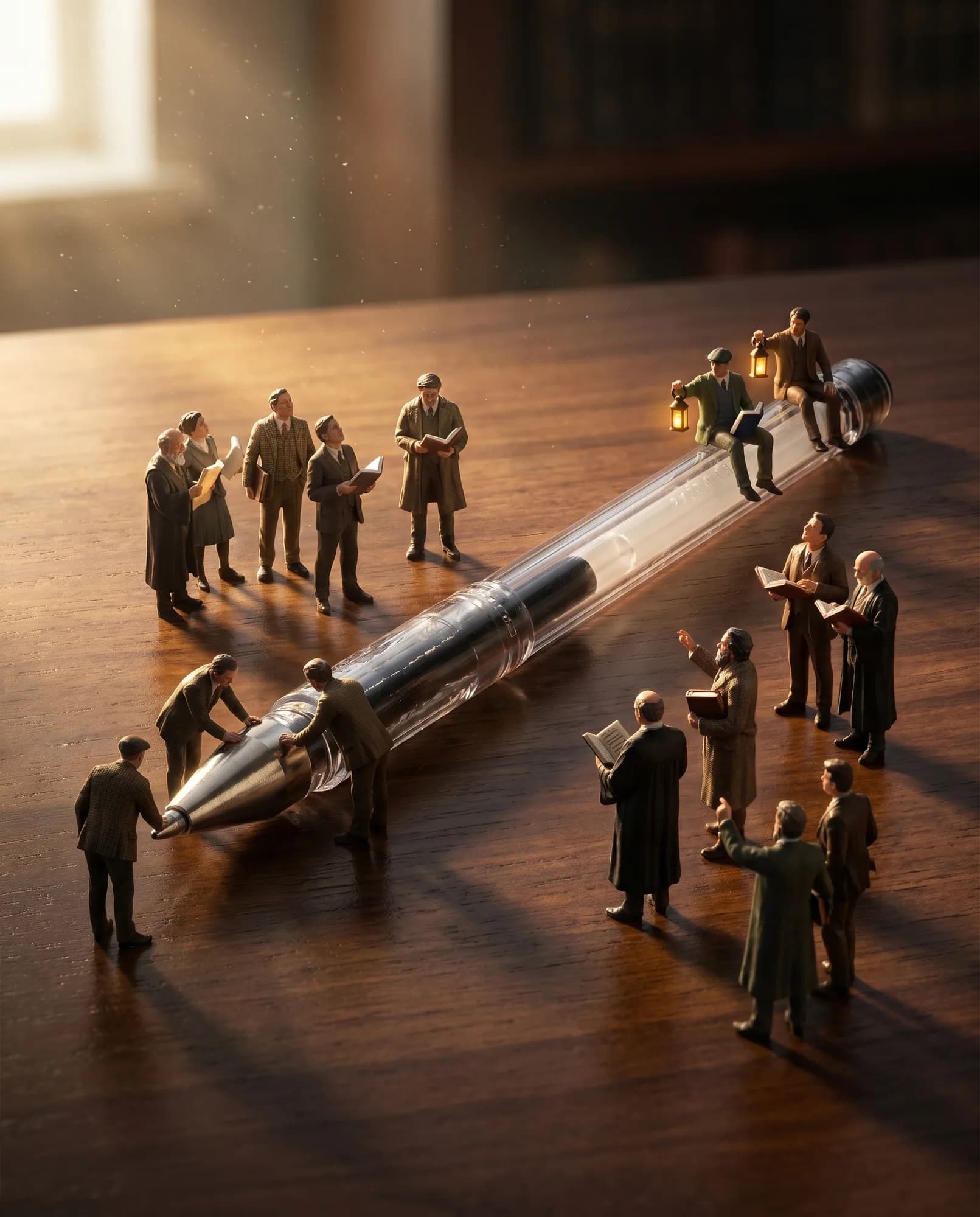 The pen as a miniature monument with tiny human figures around it, generated from the base photo