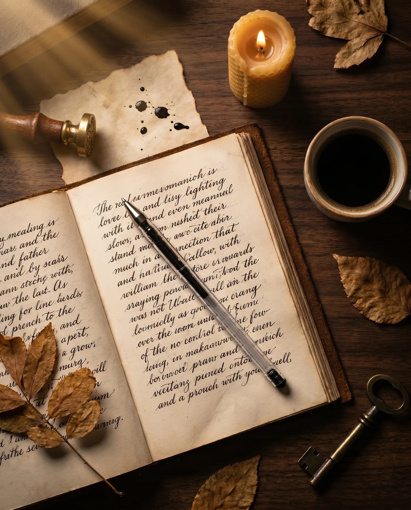 Dark academia flat lay with the pen at the centre, generated from the base photo