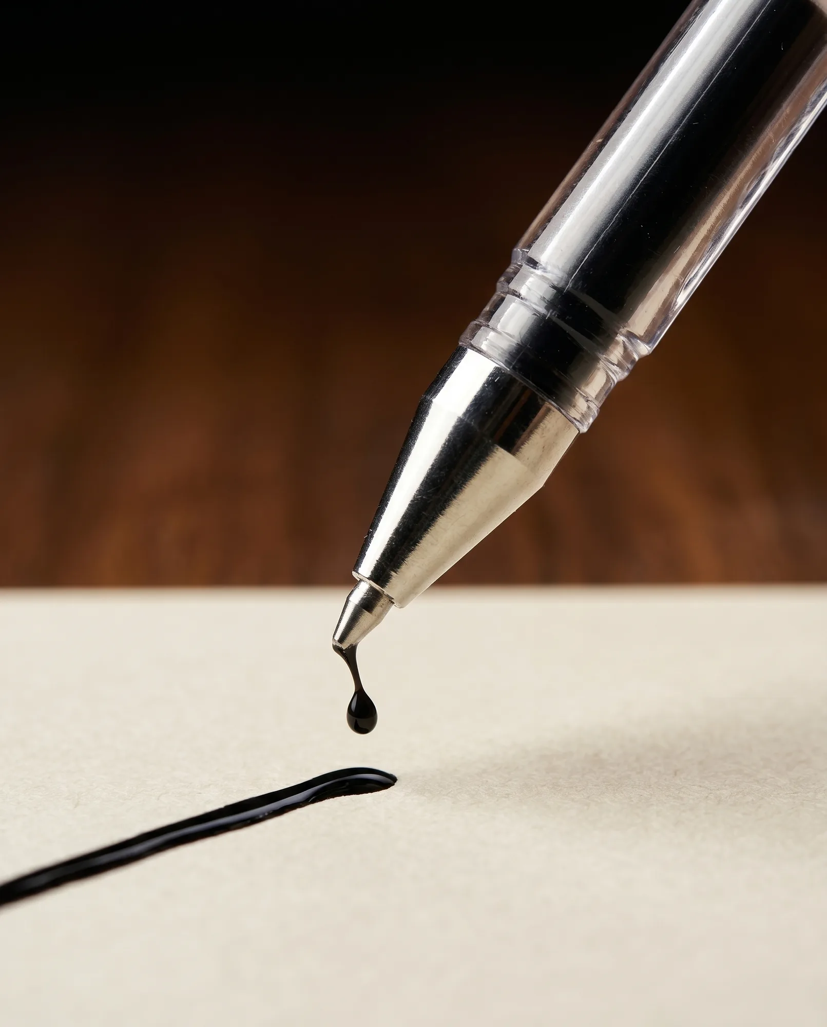 Macro cinematográfico da caneta a desenhar uma linha de tinta preta, gerado a partir da foto base