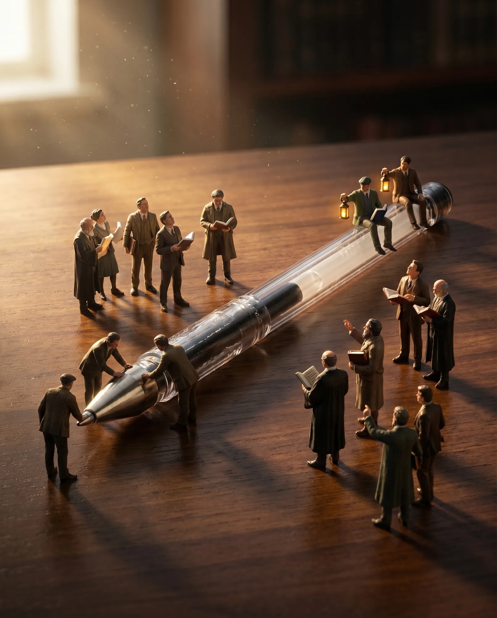 Caneta como monumento em escala miniatura, com figuras humanas em torno, gerado a partir da foto base